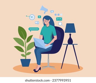 Seo analysis modern flat concept for web banner design. Woman analyst studies data, selects keywords and optimizes site for popular search queries. Vector illustration