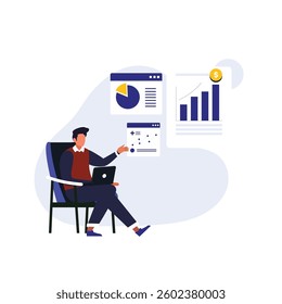 Seo analysis modern flat concept for web banner design. Man  analyzes data and search results, improves rankings and optimizes site. Vector illustration with isolated people scene