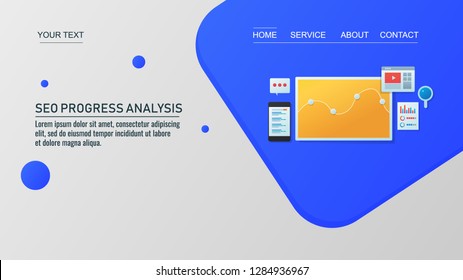 Seo analysis on screen, Ranking improvement, Digital marketing report flat design vector banner 