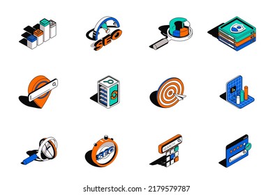 Seo analysis and optimization 3d isometric icons set. Pack elements of network, target, traffic, rating, keyword ranking, marketing research and other. Vector illustration in modern isometry design