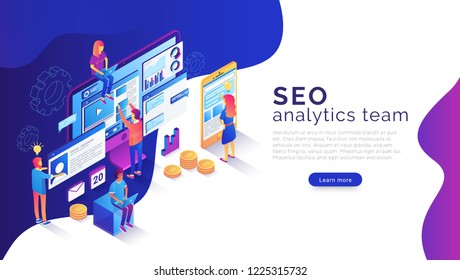 Seo analysis and optimization landing page template. 3d isometric illustration with team of specialists working with web pages and mobile apps and websites