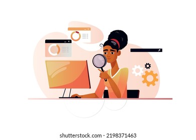 Seo analiza el concepto de naranja con la escena de la gente en el estilo de dibujos planos. Girl analiza todos los ajustes de la computadora en la red. Ilustración vectorial.