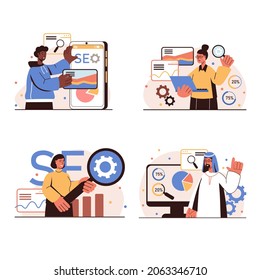 Seo analiza el concepto de la gente escenas aisladas. Hombres y mujeres optimizan sitios web para motores de búsqueda, personalizan, aumentan la velocidad y la posición, aumentan el tráfico. Ilustración vectorial en diseño plano
