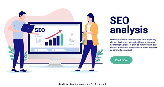SEO analysis - People working on search engine optimisation on computer screen with rising chart and great result. Flat design vector illustration with copy space and white background