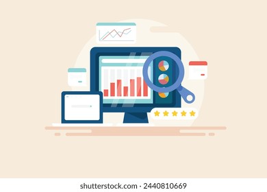 Informe de análisis SEO, herramienta SEO para análisis de competidores, auditoría de sitios web, software de monitoreo de rangos de motores de búsqueda - ilustración vectorial con iconos