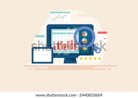SEO analysis report, SEO tool for competitor analysis, Website audit, Search engine rank monitoring software - vector illustration with icons