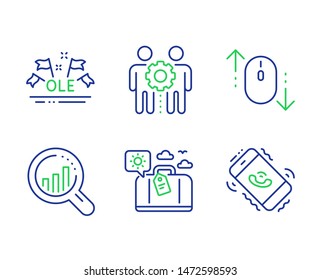 Seo analysis, Scroll down and Employees teamwork line icons set. Ole chant, Travel luggage and Call center signs. Targeting chart, Mouse swipe, Collaboration. Sport championship. Vector