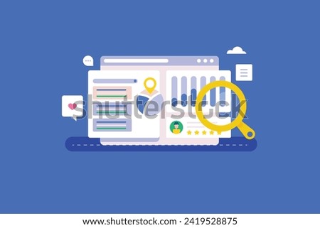 SEO analysis, Search engine result analytics, SEO tools, Digital marketing - vector illustration with icons