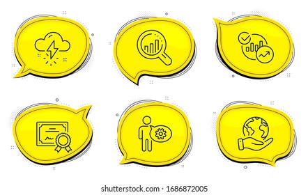 Seo analysis sign. Diploma certificate, save planet chat bubbles. Cogwheel, Statistics and Thunderstorm weather line icons set. Engineering tool, Report charts, Thunder bolt. Targeting chart. Vector