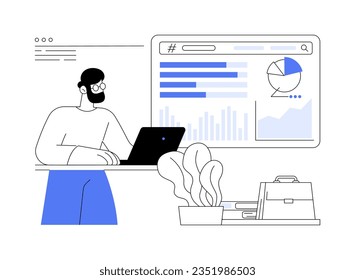 SEO analysis software abstract concept vector illustration. Businessman analyzes ranking of websites using professional SEO software, IT technology, organic search marketing app abstract metaphor.