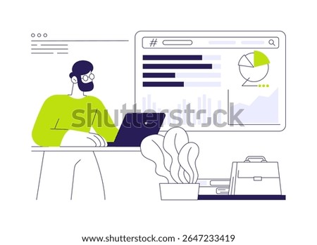 SEO analysis software abstract concept vector illustration. Businessman analyzes ranking of websites using professional SEO software, IT technology, organic search marketing app abstract metaphor.