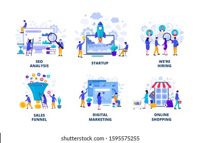 Seo analysis, startup, digital marketing and sales funnel flat vector illustration. Landing page template for web.
