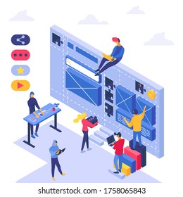 Seo analysis teamwork, vector illustration. Business development isometric team, people character near large screen technology. Graphic flat marketing agency, computer designer banner.
