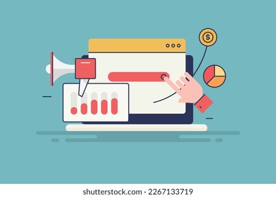 SEO-Analyse, SEO-Tools zur Darstellung von Website-Statistiken und Analyse digitaler Marketingstrategien mit Grafiken und Diagrammen - flache Design-Vektorgrafik mit Symbolen