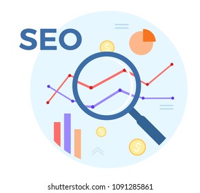 SEO analysis vector flat illustration. Concept of accounting, analysis, audit, financial report. Auditing tax process. EPS 10