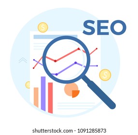 SEO analysis vector flat illustration. Concept of accounting, analysis, audit, financial report. Auditing tax process. EPS 10