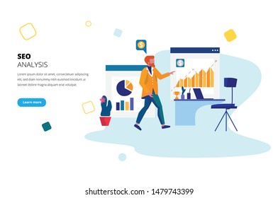 SEO analysis web banner concept. Man in his office working on a business presentation and charts.