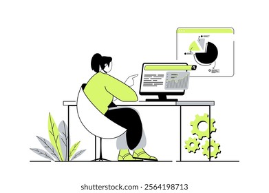 SEO analysis web concept with flat cartoon people for website design. Woman analyzes statistics of sites, making keywords optimization for search engines, increasing traffic. Vector illustration.