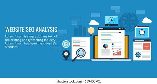 SEO Analysis Of Website, Audit, Analytics For Web Flat Design Vector Banner Isolated On Blue Background