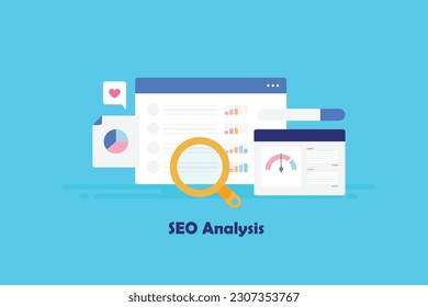 SEO analysis. Website SEO tool dashboard. SEO marketing application. Website SEO management - vector illustration background with icons