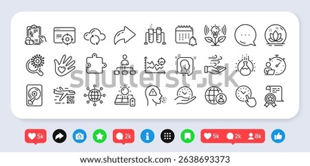 Seo analysis, Wind energy and Social responsibility line icons pack. Social media: share, comment, like icons. Qr code, Lotus, Cloud sync web icon. Safe time, Puzzle, Calendar pictogram. Vector