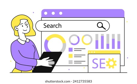 Seo analysis woman linear concept. Young girl with graphs and diagrams. Analysis of user behavior on webpage. Optimizing website results in search engines. Doodle flat vector illustration