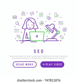 SEO analyst is working overtime with laptop and lamp with thin line icons of analytics, social strategy, seo, graphic design, programming. Vector illustration for template of web page.