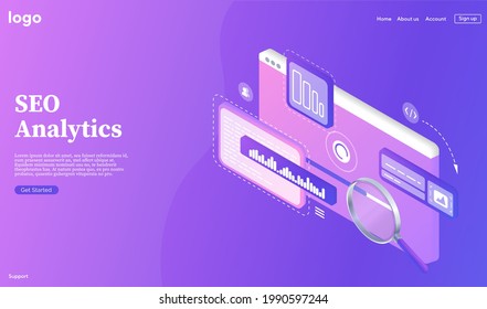 SEO analytics banner. Research and analytics of search engine optimization of content. Search engines optimization landing page. Template landing page for website. Web development, optimization.