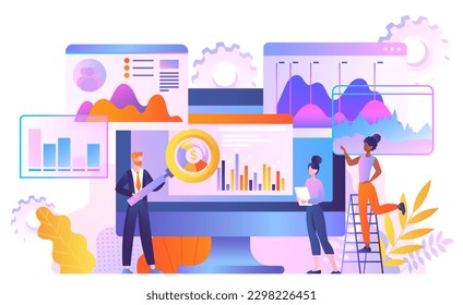 Seo analytics concept. Man with magnifying glass and women evaluate graphs and charts. Statistics and information evaluation, data visualization and infographics. Cartoon flat vector illustration