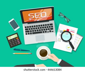 SEO analytics concept on business workdesk vector illustration top view, businessman working on search engine optimization, report research on laptop, flat modern design