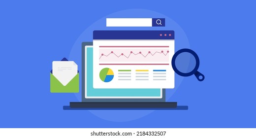SEO analytics dashboard, Website traffic analysis, Data for SEO marketing, Email marketing, Social media - flat design vector illustration with icons