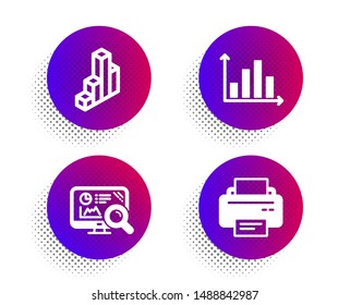Seo analytics, Diagram graph and 3d chart icons simple set. Halftone dots button. Printer sign. Statistics, Presentation chart, Presentation column. Printing device. Technology set. Vector