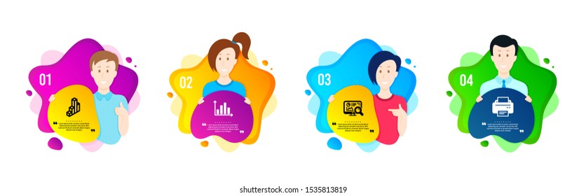 Seo analytics, Diagram graph and 3d chart icons simple set. People shapes timeline. Printer sign. Statistics, Presentation chart, Presentation column. Printing device. Technology set. Vector