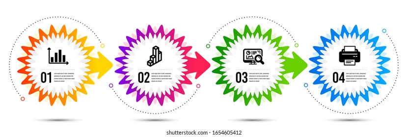 Seo analytics, Diagram graph and 3d chart icons simple set. Timeline steps infographic. Printer sign. Statistics, Presentation chart, Presentation column. Printing device. Technology set. Vector