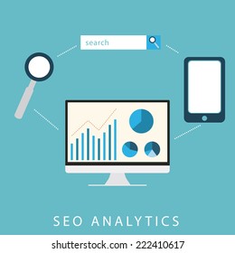 SEO analytics flat graphic design for search engine optimisation concept in vector