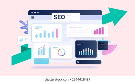 SEO analytics and growth - Rising charts and and search engine optimisation design elements. Semi flat vector illustration with beige background