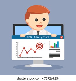 SEO Analytics hold by businessman in monitor PC