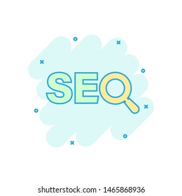 Seo analytics icon in comic style. Social media vector cartoon illustration on white isolated background. Search analysis business concept splash effect.