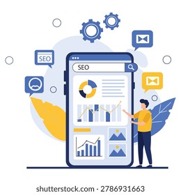 SEO analytics illustration featuring digital marketing optimization and website performance concept for online business and web design projects