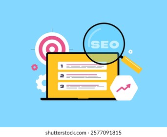 SEO analytics with keyword research. SEO ranking, technical optimization, performance monitoring and web traffic. Search engine algorithms, backlinks, on-page improvements. Flat vector illustration