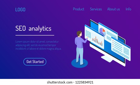 Seo analytics landing page. Isometric Web interface with buttons. 3d infographics on the screen.