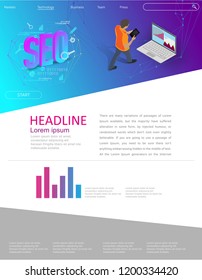 SEO analytics landing page. SEO strategies and marketing concept.Vector 3d illustration
