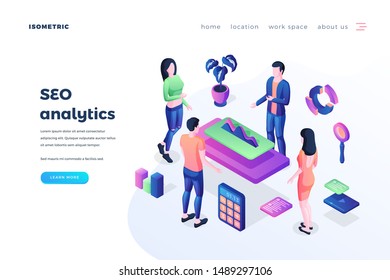 SEO analytics landing page vector template. Search engine optimization website homepage UI idea with isometric illustrations. Business development strategy planning web banner 3D cartoon concept