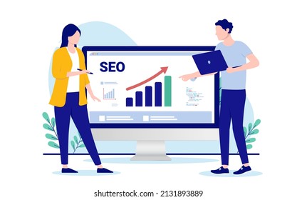 SEO Analytics - Man And Woman Working With Search Engine Optimisation On Desktop Computer Screen. Flat Design Vector Illustration