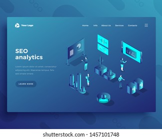 Seo Analytics personajes de oficina e interactúa con la página de inicio o la plantilla de banner de tablero y smartphone. Ilustración vectorial isométrica 3d.
