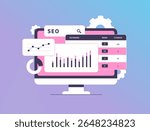 SEO analytics on desktop screen with keyword ranking charts. SEO analytics metrics and search engine optimization data improving website visibility and search performance. Vector illustration