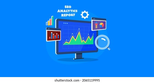 SEO analytics, SEO report, Website data analysis, SEO graph on computer screen concept - flat design vector illustration with icons