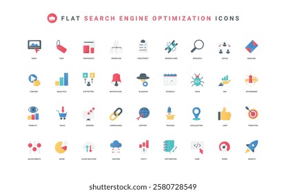 SEO analytics for sales growth, business profit color icon set. Keywording and search for niche, visibility and localization of content for audience in social media flat elements vector illustration