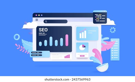 SEO analytics screen - Abstract decorative cartoon style vector illustration of browser window with graphs, data and statistic of search engine optimisation