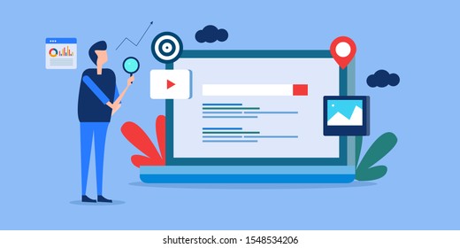 Seo analytics, Seo software, Marketing tool, Monitoring seo ranking - flat design vector concept with icons and character